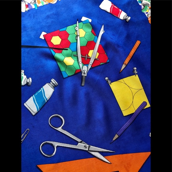 VTG 70’s Perry Ellis silk scarf painter theme print Royal blue & primary colors